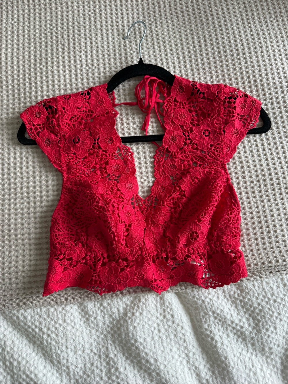 Anthropologie Red Lace Crop Top with V-Neck